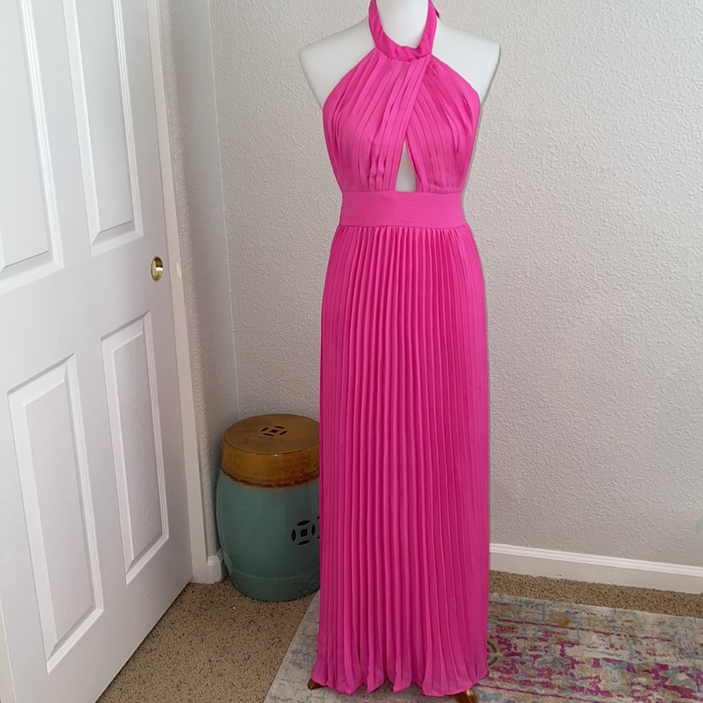 Pink Lily SUNNY GLEAM PINK ACCORDION HALTER MAXI DRESS